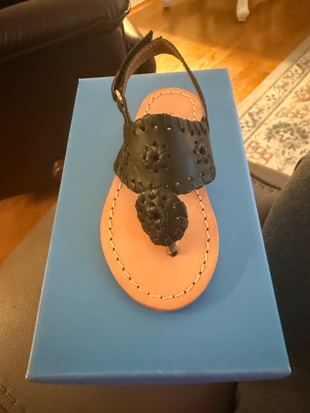 Jack Rogers Black Leather Floral Thong Sandal